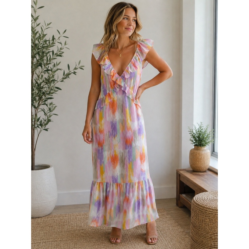 Collective Concepts Multi Color Abstract Ikat Ruffle Open Back Midi Dress Medium